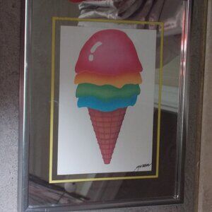 Ice Cream signed print mounted in silver mirror frame, approximately 10.5"x8.5"